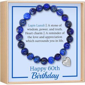 60th Birthday Women’s Dark Blue Stone Bead & Heart Charm Bracelet